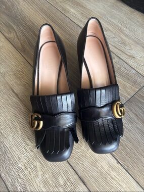 Gucci Black Leather Fringe Loafers with Gold GG Hardware